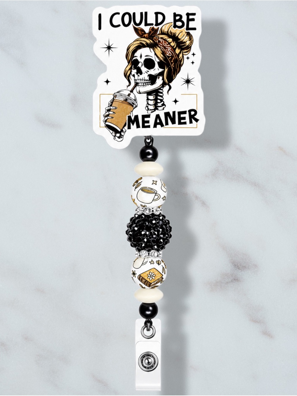 I Could Be Meaner Skeleton Beaded Badge Reel